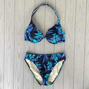 Y2k VS Black Blue Floral Print Underwire Bikini Set